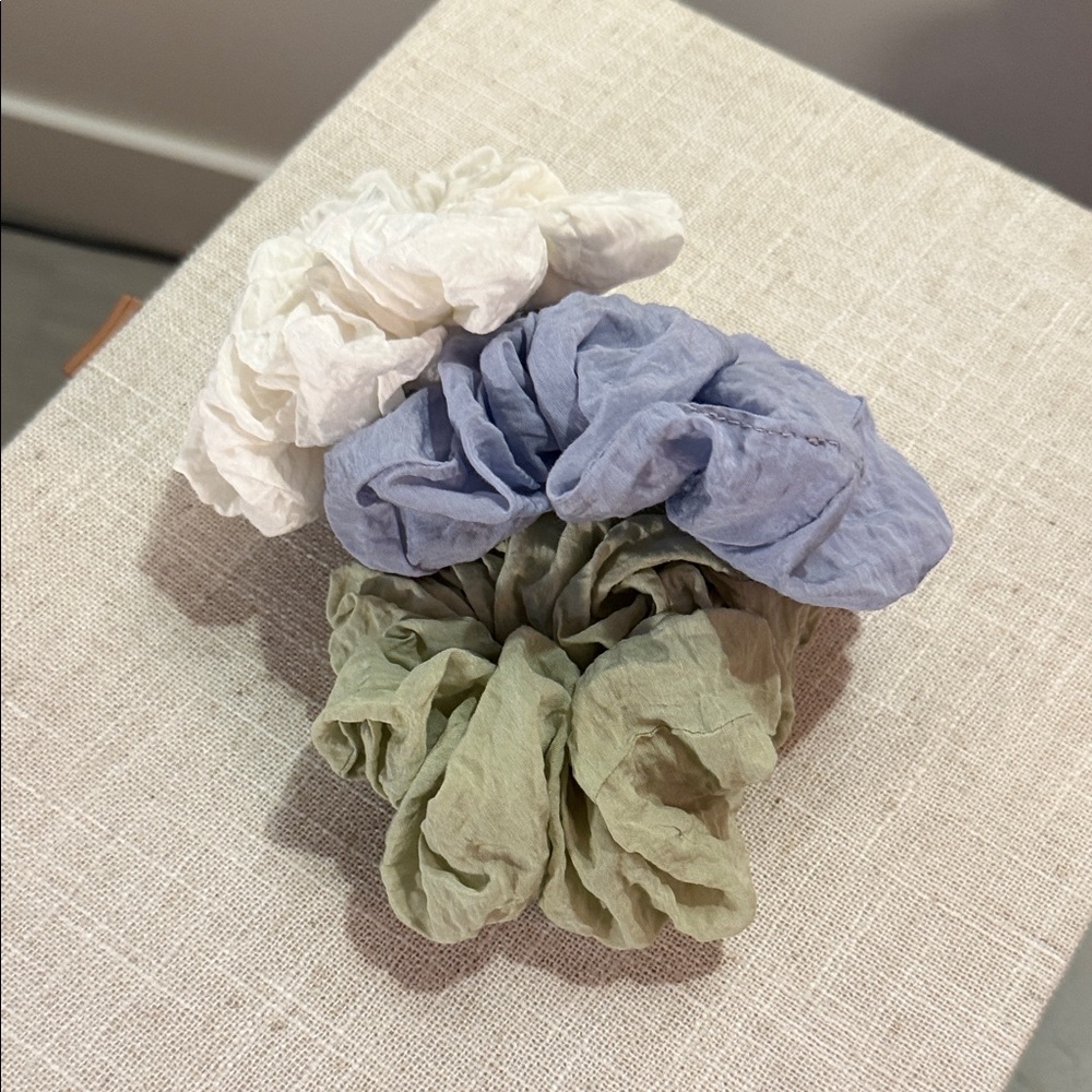 Spring colors fluffy Kitsch Scrunchie Set - White, Blue, Green